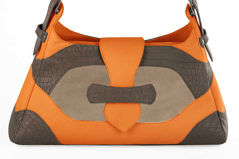 Dress handbag in taupe brown, tan beige and apricot orange leather - Profile view